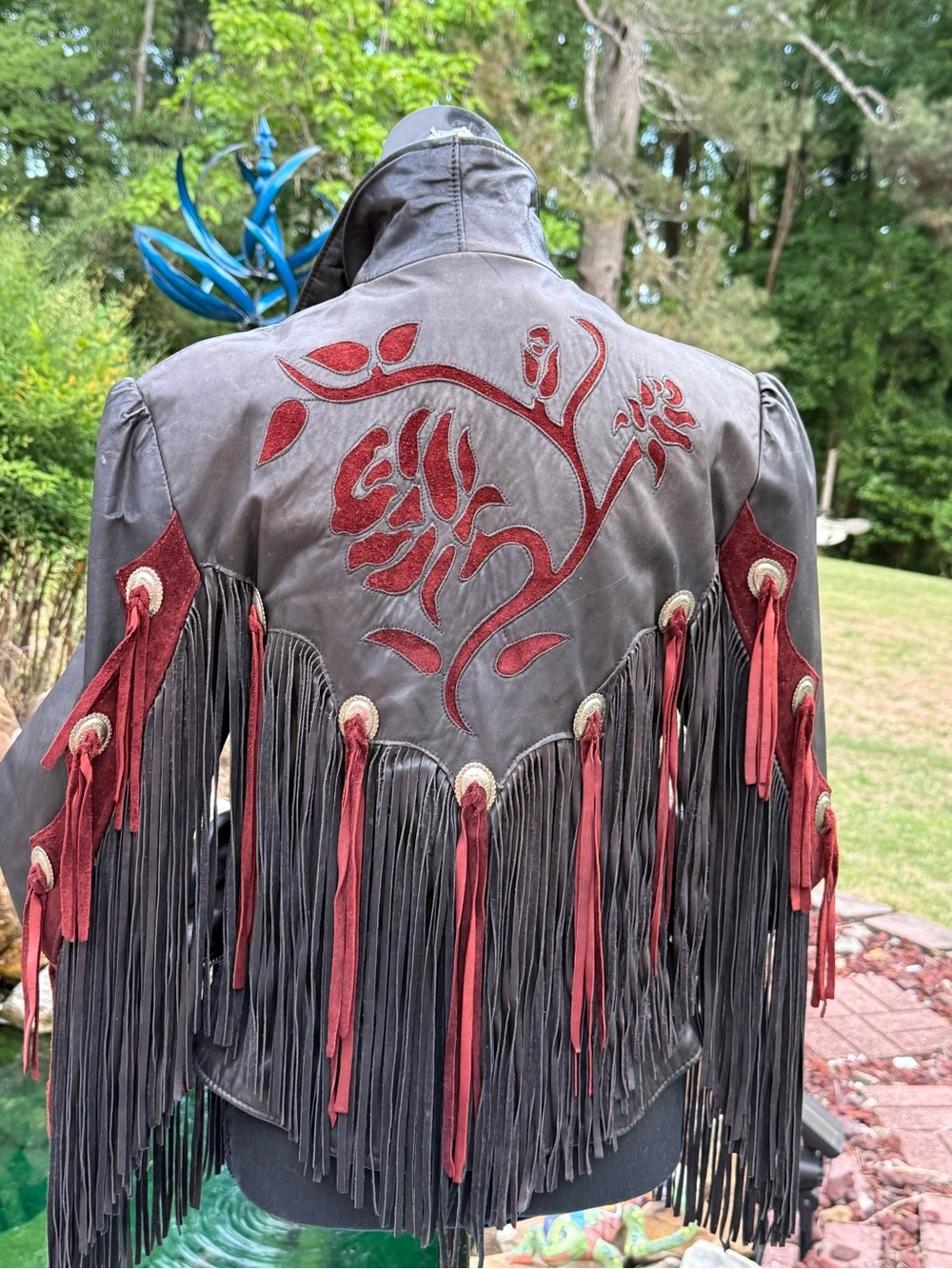 Black Leather Bomber Jacket with Red Fringe & Embroidered Accents - Picture 7 of 11